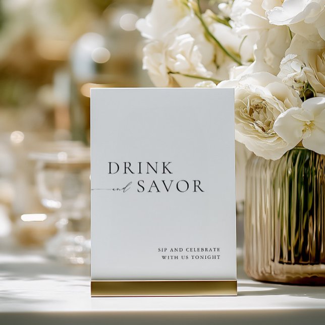 Modern White Drink & Savor Bröllop Pub-tecken Inbjudningar (Modern White Drink & Savor Wedding Bar Sign)