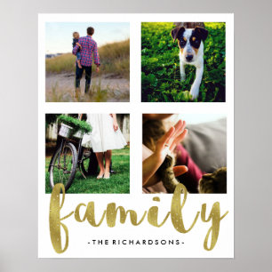 Modern White Family Photo Grid med Faux Gold Foil Poster