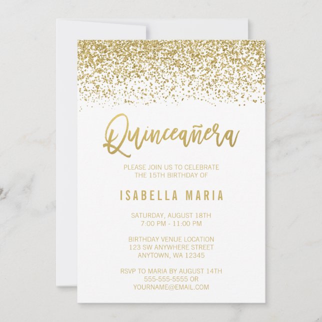Modern White Faux Guld Glitter Quinceanera Inbjudningar (Framsida)