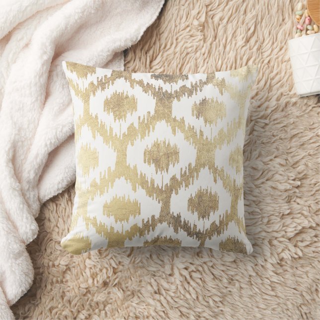 Modern White Faux Guld Hand plockade Ikat Mönster Kudde (Filt)