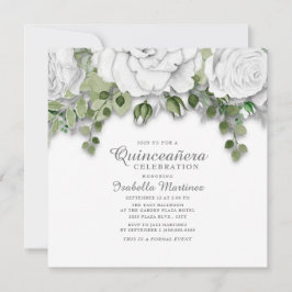 Modern White Flowers Grönt Löv Quinceañera Inbjudningar