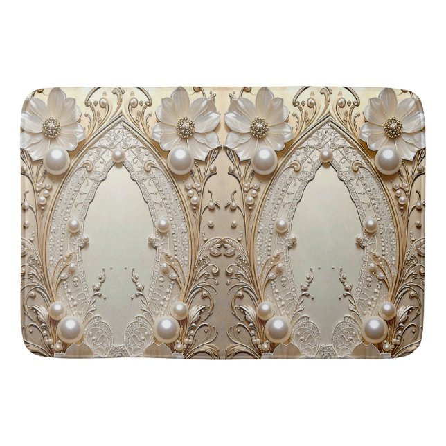 Modern White Flowers Pearls Bath Mat Badrumsmatta (Framsidan)
