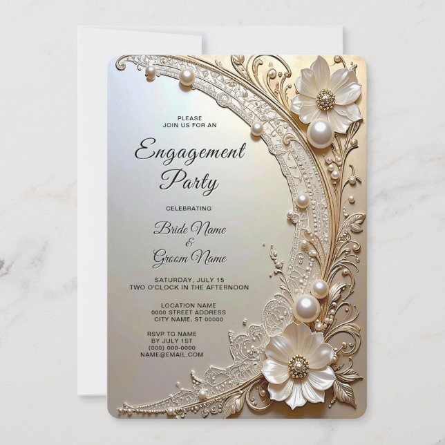 Modern White Flowers Pearls Engagement Invitation Inbjudningar (Framsida)
