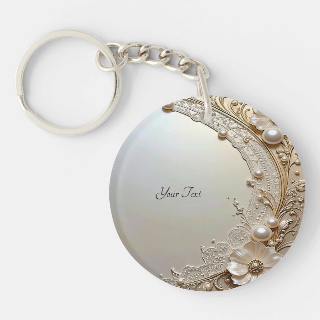 Modern White Flowers Pearls Keychain (Framsidan)