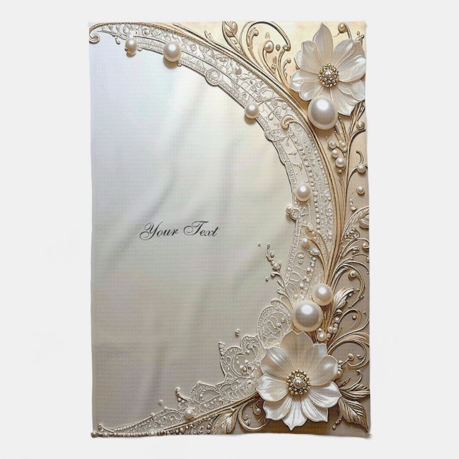 Modern White Flowers Pearls Kitchen Towel Kökshandduk (Vertikal)