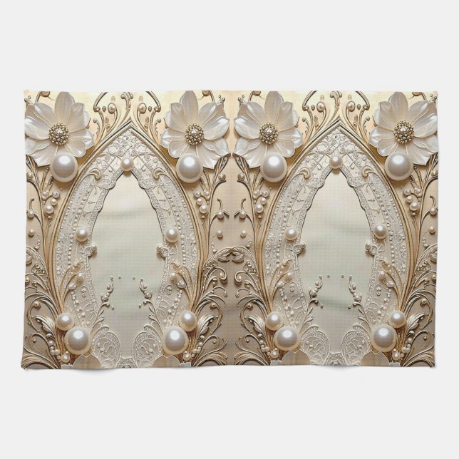 Modern White Flowers Pearls Kitchen Towel Kökshandduk (Horisontell)