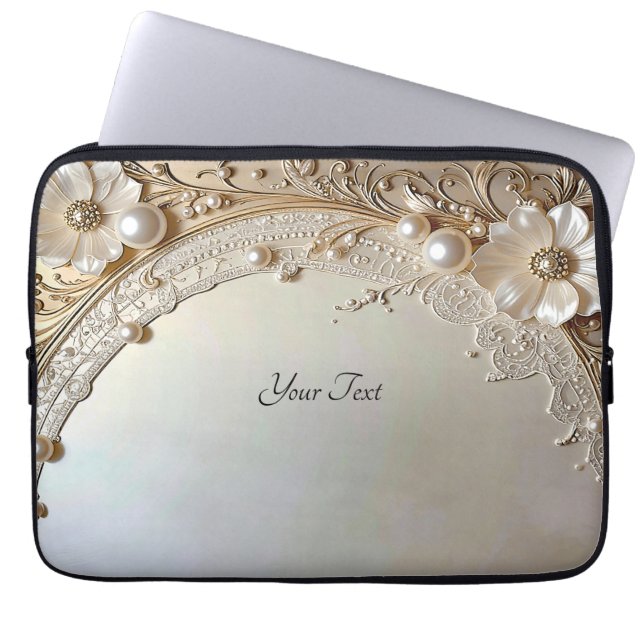 Modern White Flowers Pearls Laptop Sleeve (Framsidan)