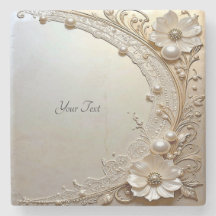 Modern White Flowers Pearls Stone Coaster