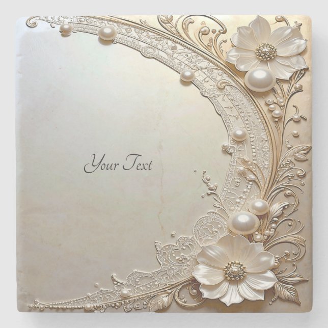 Modern White Flowers Pearls Stone Coaster Stenunderlägg (Framsidan)