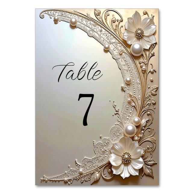 Modern White Flowers Pearls Table Number Bordsnummer (Framsidan)
