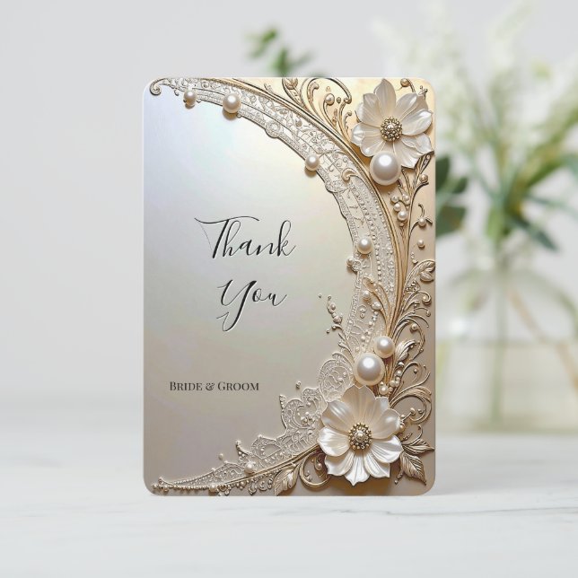 Modern White Flowers Pearls Thank You Card Tack Kort (Stående Fram)