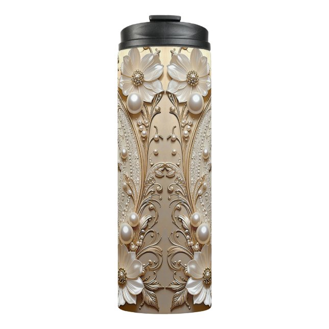 Modern White Flowers Pearls Thermal Tumbler (Framsida)
