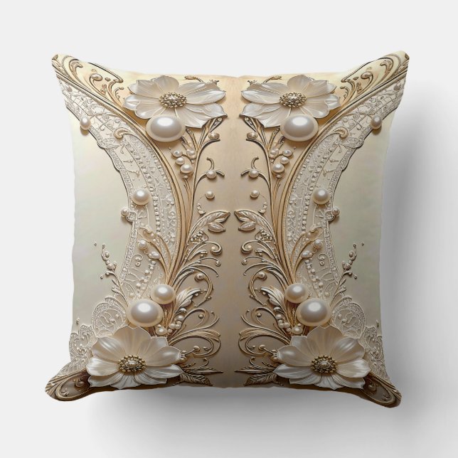 Modern White Flowers Pearls Throw Pillow Kudde (Framsida)