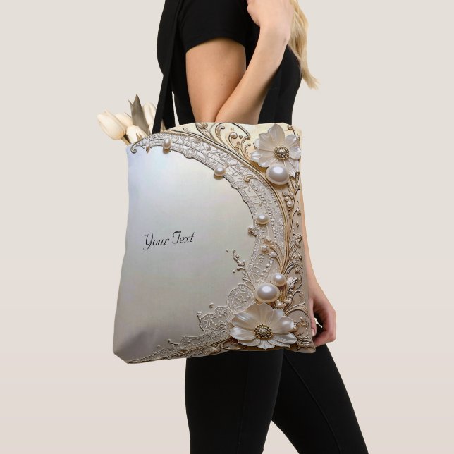Modern White Flowers Pearls Tote Bag Tygkasse (Närbild)
