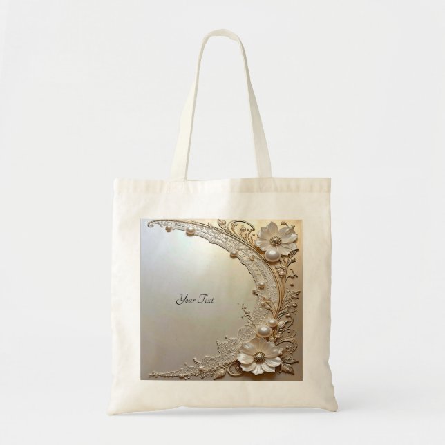 Modern White Flowers Pearls Tote Bag Tygkasse (Framsidan)