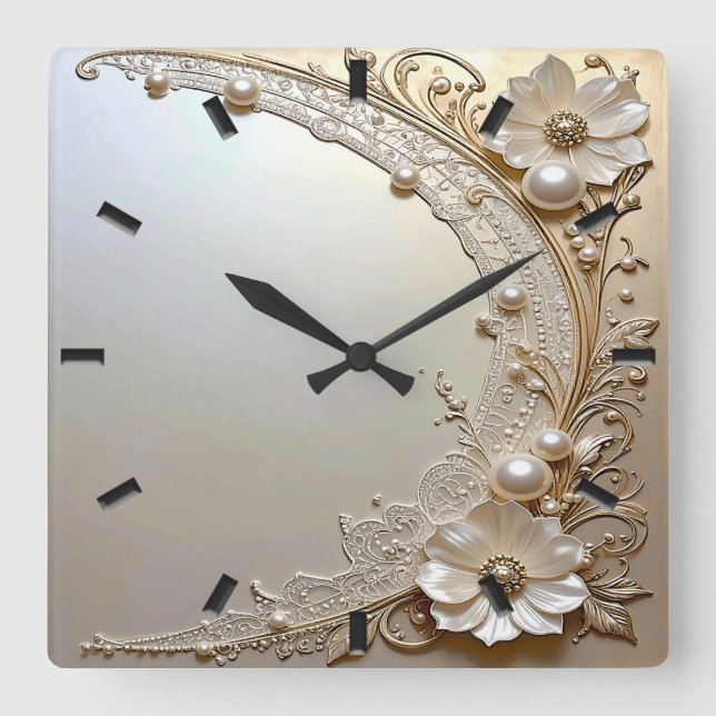Modern White Flowers Pearls Wall Clock Fyrkantig Klocka (Framsida)