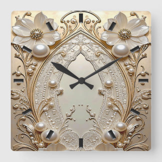 Modern White Flowers Pearls Wall Clock Fyrkantig Klocka
