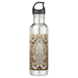 Modern White Flowers Pearls Water Bottle