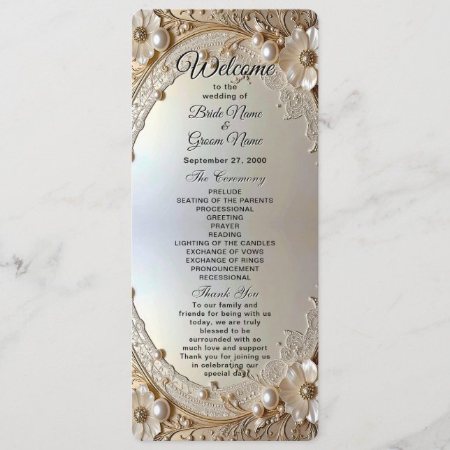 Modern White Flowers Pearls Wedding Program (Framsida)