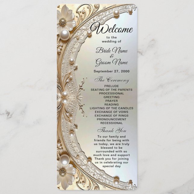 Modern White Flowers Pearls Wedding Program (Framsida)