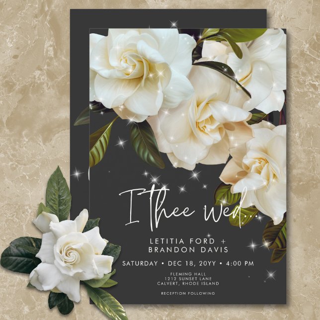 Modern White Gardenias on Black Gnistra Bröllop Inbjudningar (Modern White Gardenias on Black Sparkle Wedding Invitation)