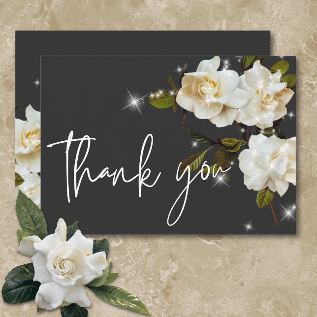 Modern White Gardenias on Black Gnistra Bröllop Tack Kort (Modern White Gardenias on Black Sparkle Wedding Thank You Card)