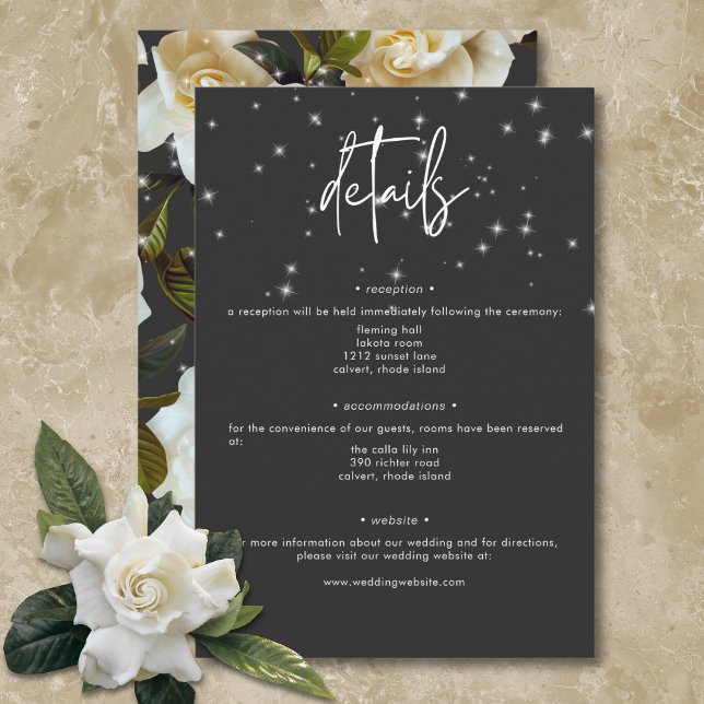 Modern White Gardenias on Black Gnistra Informatio Tilläggskort (Modern White Gardenias on Black Sparkle Details Enclosure Card)