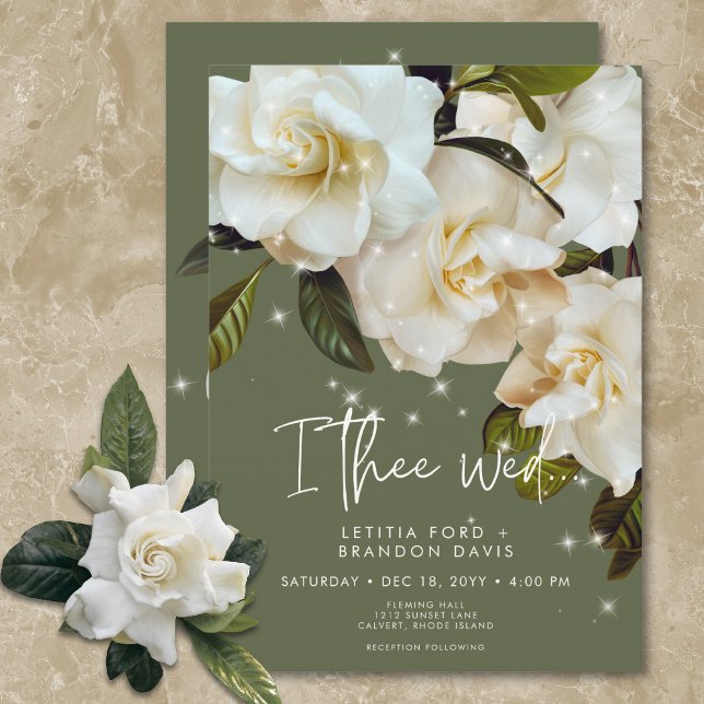 Modern White Gardenias on Sage Gnistra Bröllop Inbjudningar (Modern White Gardenias on Sage Sparkle Wedding Invitation)