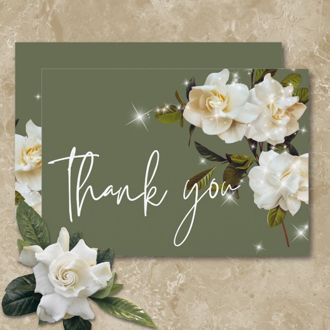 Modern White Gardenias on Sage Gnistra Bröllop Tack Kort (Modern White Gardenias on Sage Sparkle Wedding Thank You Card)