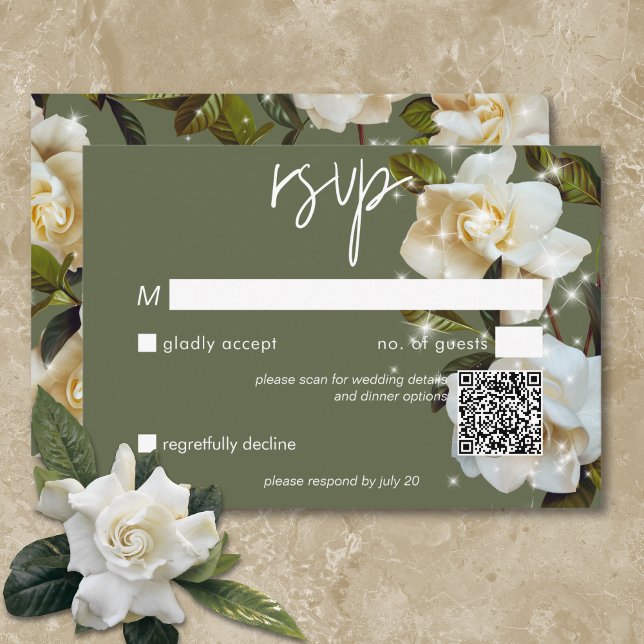 Modern White Gardenias on Sage Gnistra QR Code OSA Kort (Modern White Gardenias on Sage Sparkle QR Code RSVP Card)