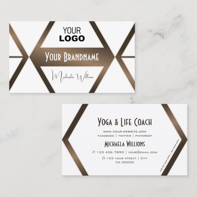 Modern White Geometric Brown Shimmer med Logotyp Visitkort (Fram/baksida)