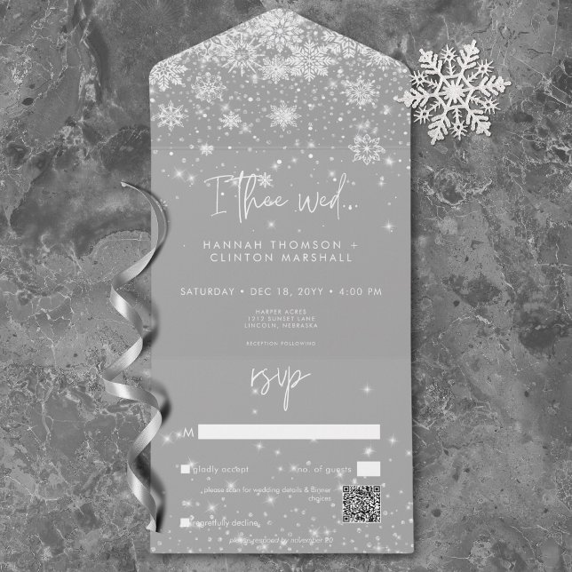 Modern White Gnistra Snöflingor Bröllop QR-kod (Modern White Sparkle Snowflakes Wedding QR Code All In One Invitation)