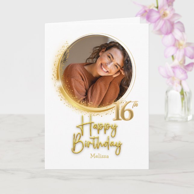 Modern White & Gold Photo Name 16th Birthday Kort (Orkide)