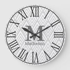 Modern White & Grått Art Deco Roman Numerals Namn Stor Klocka