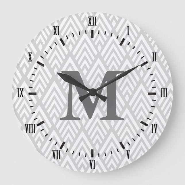 Modern White & Grått Deco Roman Numerals Namn Stor Klocka (Framsida)