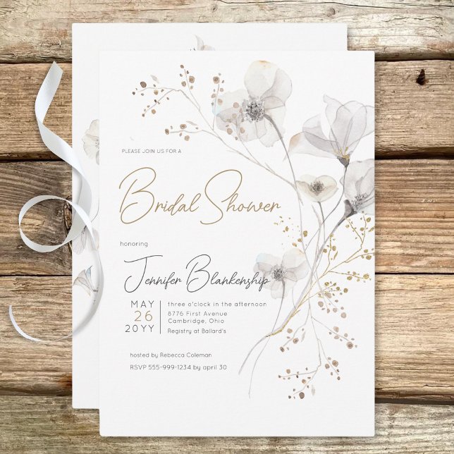 Modern White Grått & Guld Blommigt Möhippa Inbjudningar (Modern White Gray & Gold Floral Bridal Shower Invitation)