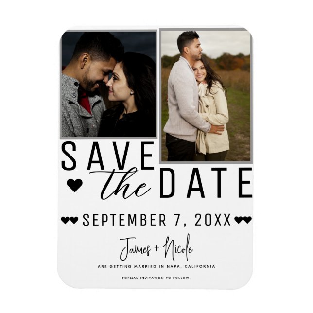 Modern White & Grått Save Date 2 Photo Bröllop Magnet (Vertikal)