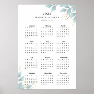 Modern White Grönt Leafy Calender 2022 Poster