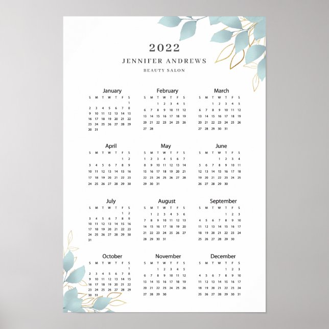 Modern White Grönt Leafy Calender 2022 Poster (Framsidan)