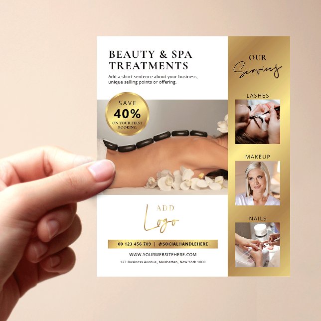 Modern White & Guld Beauty Salon Logotyp Marknadsf Flygblad (Modern business marketing flyer in white and gold with photo collage and special discount)