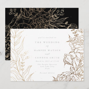 Modern White Guld Black Elegant Blommigt Bröllop Inbjudningar