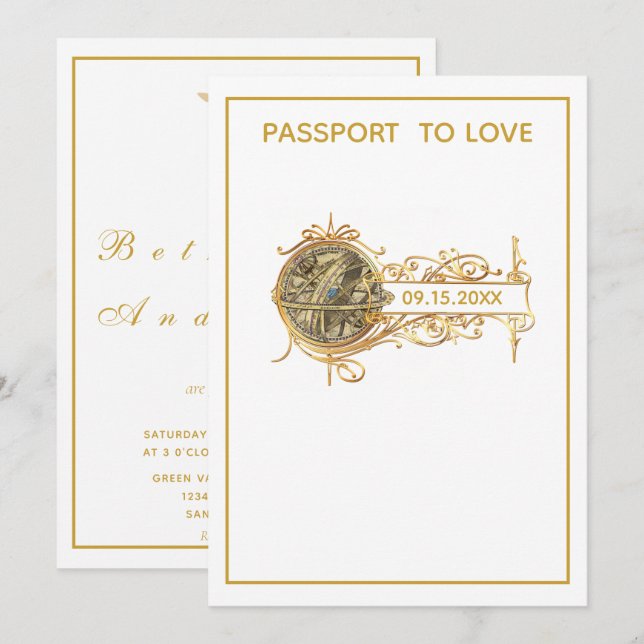 Modern White Guld Passport Bröllop Inbjudningar (Fram/baksida)