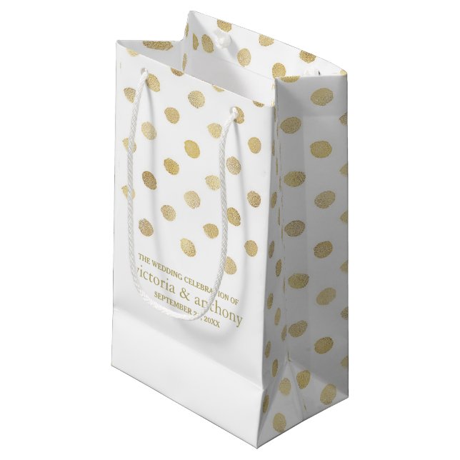 Modern White & Guld Polka dots bröllopsförmån (Framsidan Vinklad)