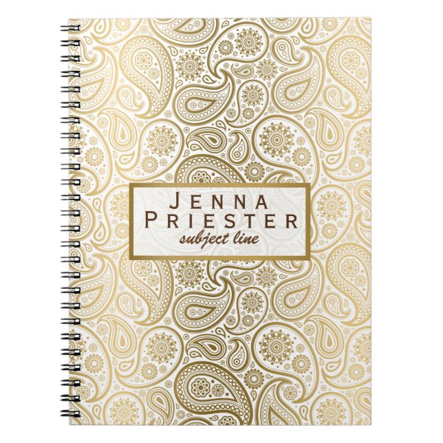 Modern White & Guld Vintage Paisley Mönster Anteckningsbok (Framsidan)