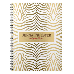Modern White & Guld Zebra ränder Mönster Anteckningsbok Med Spiral
