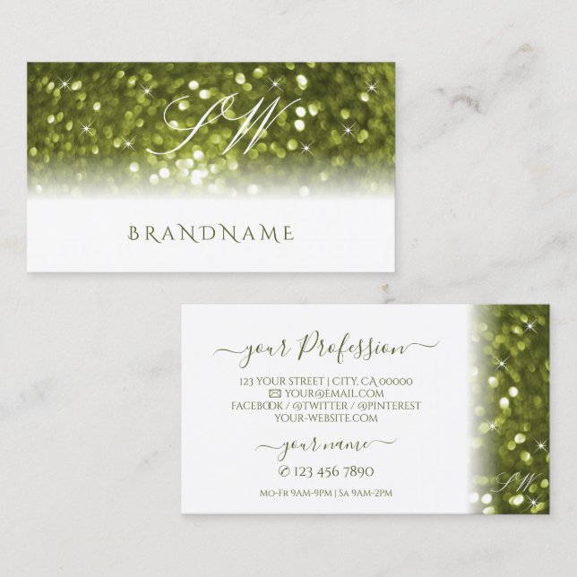 Modern White Gult Grönt Gnistra Glitter Monogram Visitkort (Fram/baksida)