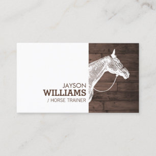 Modern White Horse Motif på Rustic Brown Woodgrain Visitkort