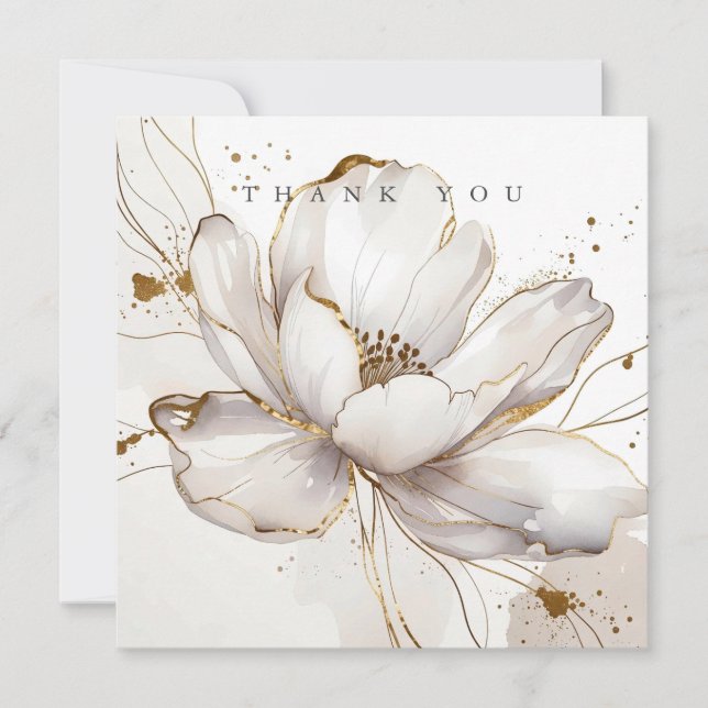 Modern White Magnolia Gold Line Art Floral Wedding Tack Kort (Framsida)