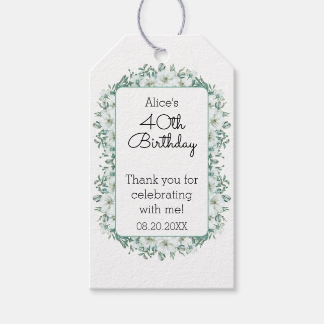 Modern White Magnolia Greenery 40:e födelsedagen Presentetikett (Framsidan)