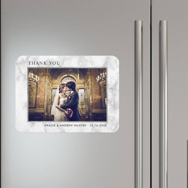 Modern White Marble Silver Glitter Tack Photo Magnet (Skapare uppladdad)